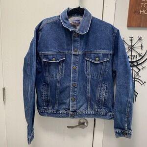 Vintage Diamond Double U Men's Denim Jean Jacket Medium Wash Large Snap